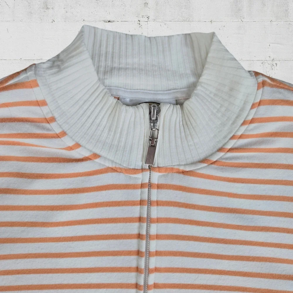 90s Vintage Talbots White Peach Orange Stripe Full Zip Mock Neck Sweater Size 1X